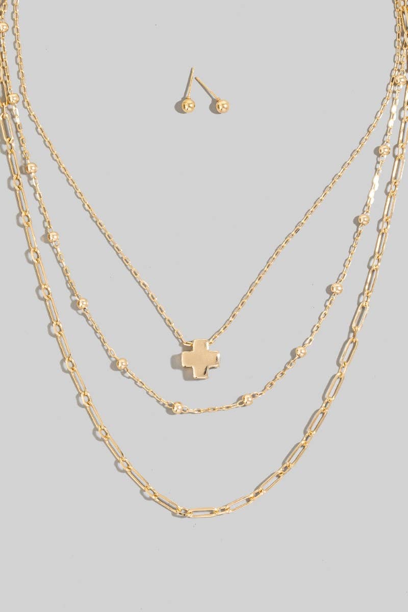 Cross Pendant Layered Chains Necklace Set