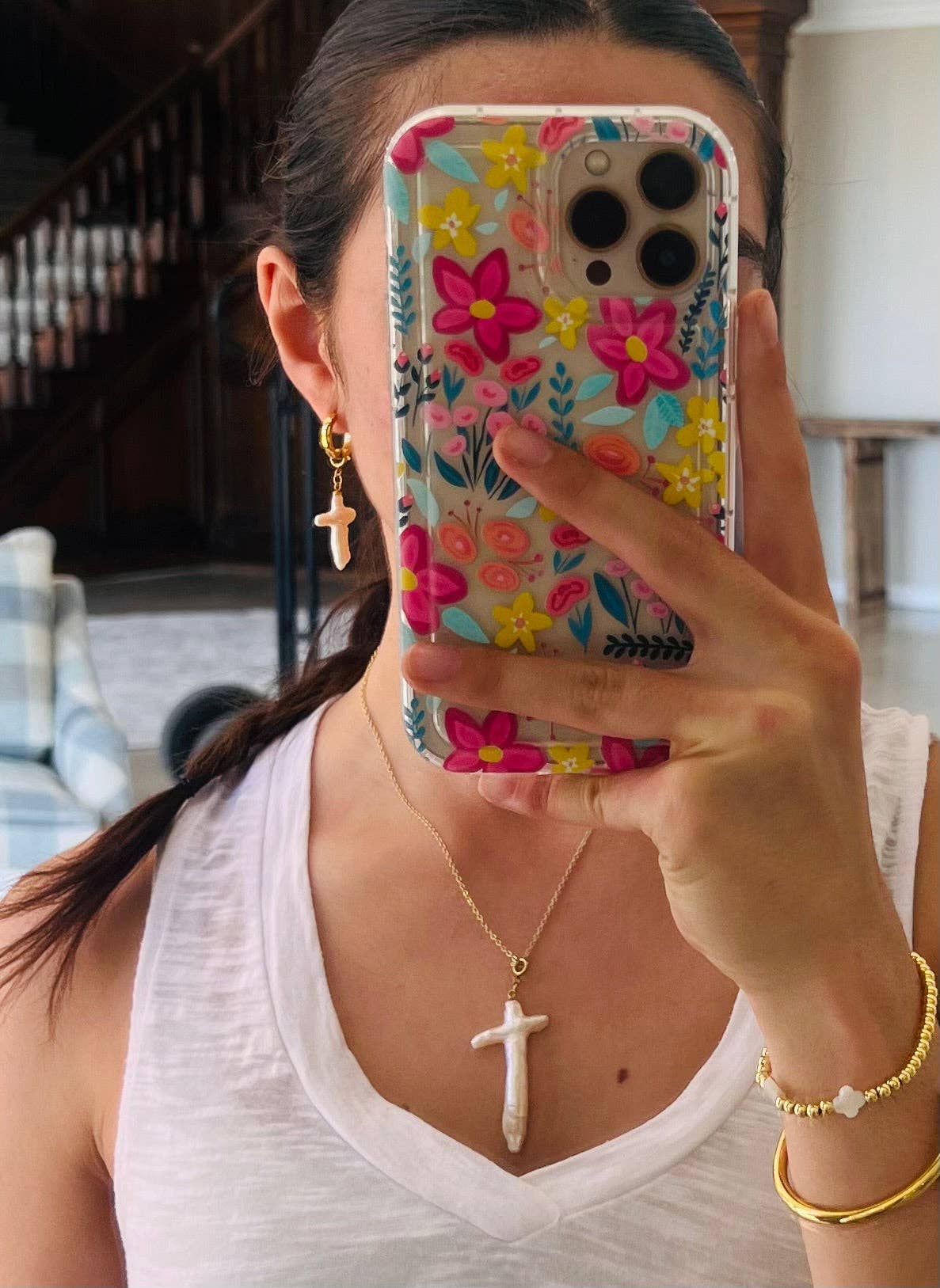 Pearl Cross Huggies earrings