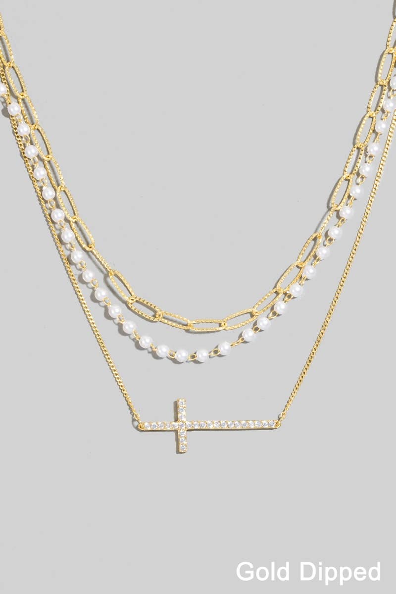 Gold Dipped Pearl And Cz Studded Cross Layered Necklace