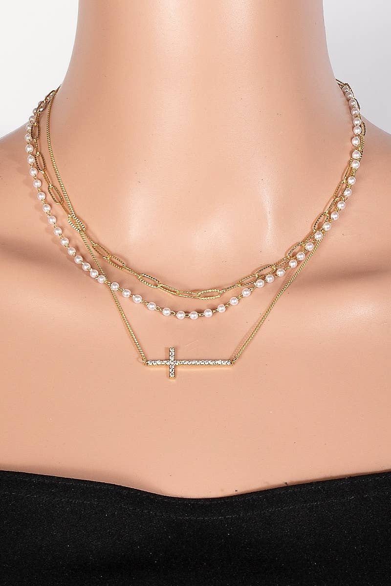 Gold Dipped Pearl And Cz Studded Cross Layered Necklace