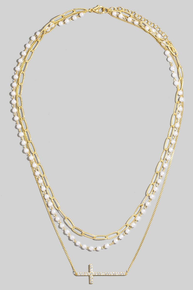 Gold Dipped Pearl And Cz Studded Cross Layered Necklace
