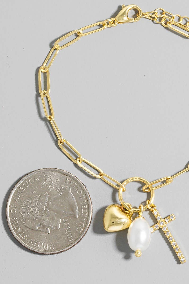 Gold Dipped Cz Cross Heart And Pearl Charms Chain Bracelet