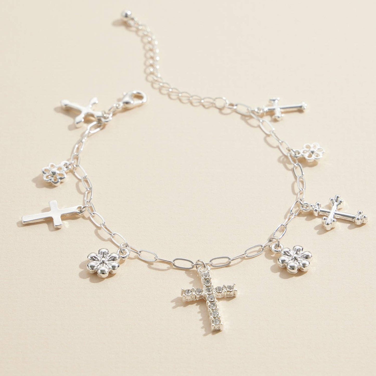 Gold & Silver Charm Bracelet with Cross & Floral Pendants