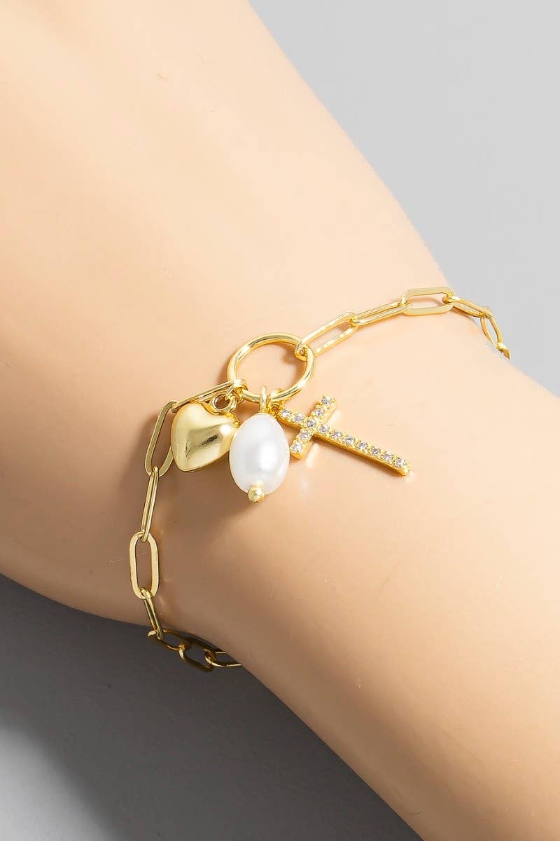 Gold Dipped Cz Cross Heart And Pearl Charms Chain Bracelet