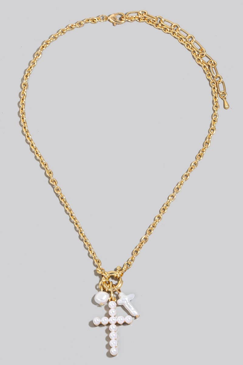 Pearl And Pearl Studded Cross Charms Necklace