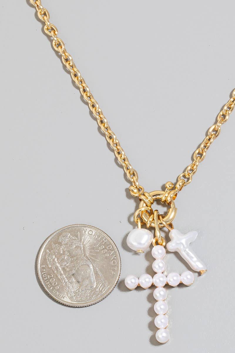 Pearl And Pearl Studded Cross Charms Necklace