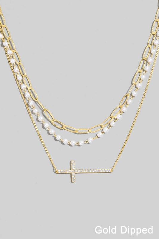 Gold Dipped Pearl And Cz Studded Cross Layered Necklace