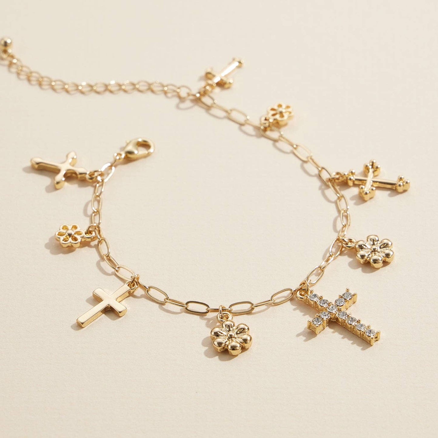 Gold & Silver Charm Bracelet with Cross & Floral Pendants
