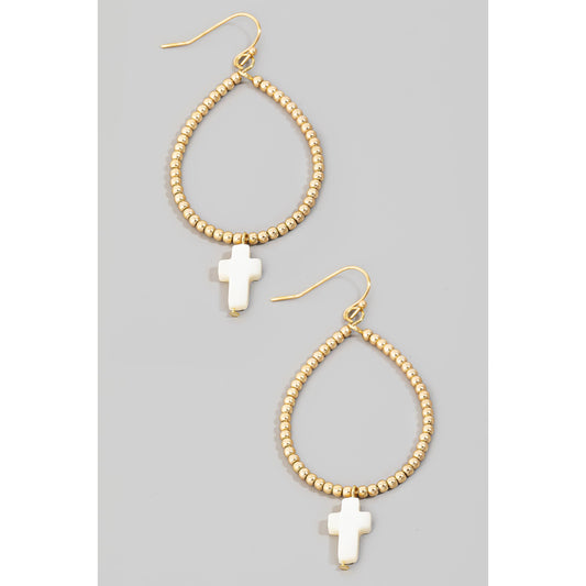 Seashell Cross Charm Beaded Tear Dangle Earrings
