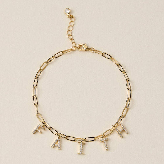 Gold Dipped and Cubic Zirconia Faith Charm Bracelet