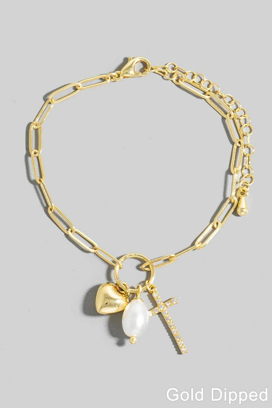 Gold Dipped Cz Cross Heart And Pearl Charms Chain Bracelet