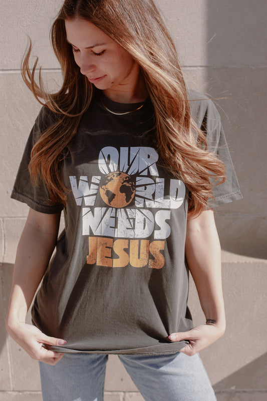 Our World Needs Jesus Tee – Christian Graphic Shirt