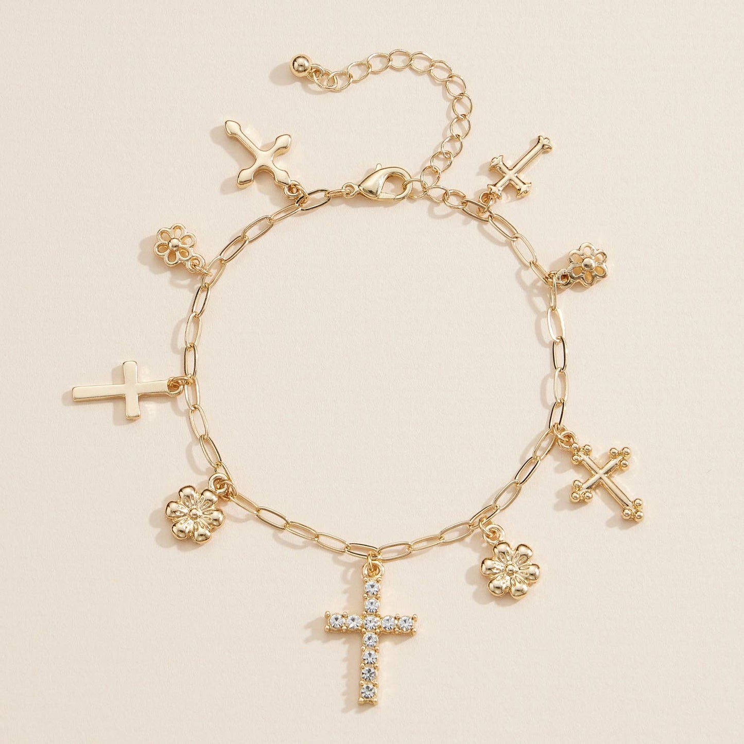 Gold & Silver Charm Bracelet with Cross & Floral Pendants