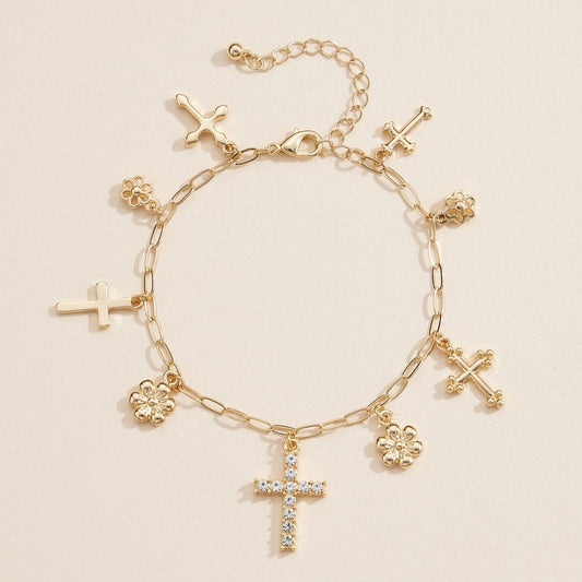 Gold & Silver Charm Bracelet with Cross & Floral Pendants
