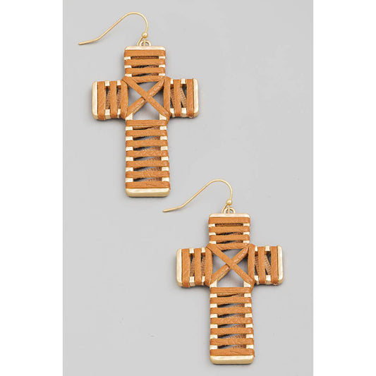 Faux Leather Wrap Cross Dangle Earrings