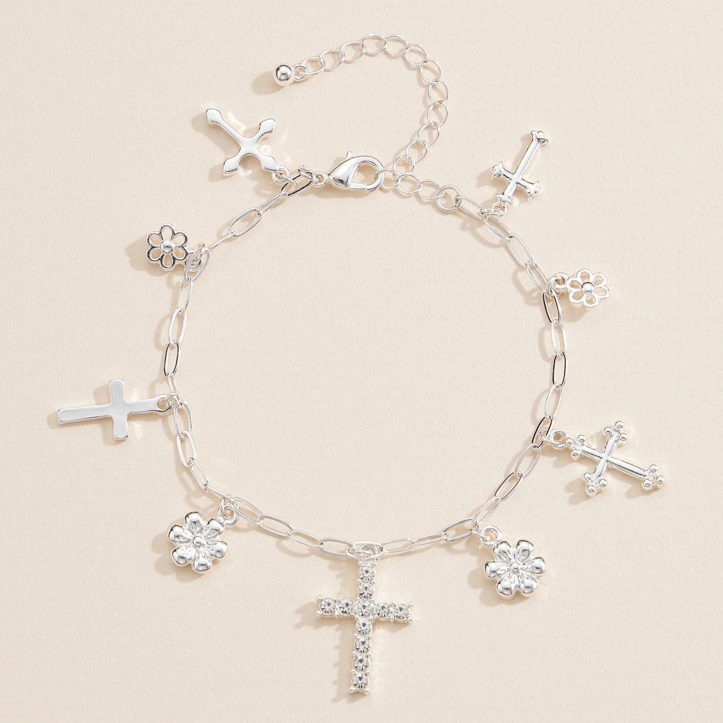 Gold & Silver Charm Bracelet with Cross & Floral Pendants